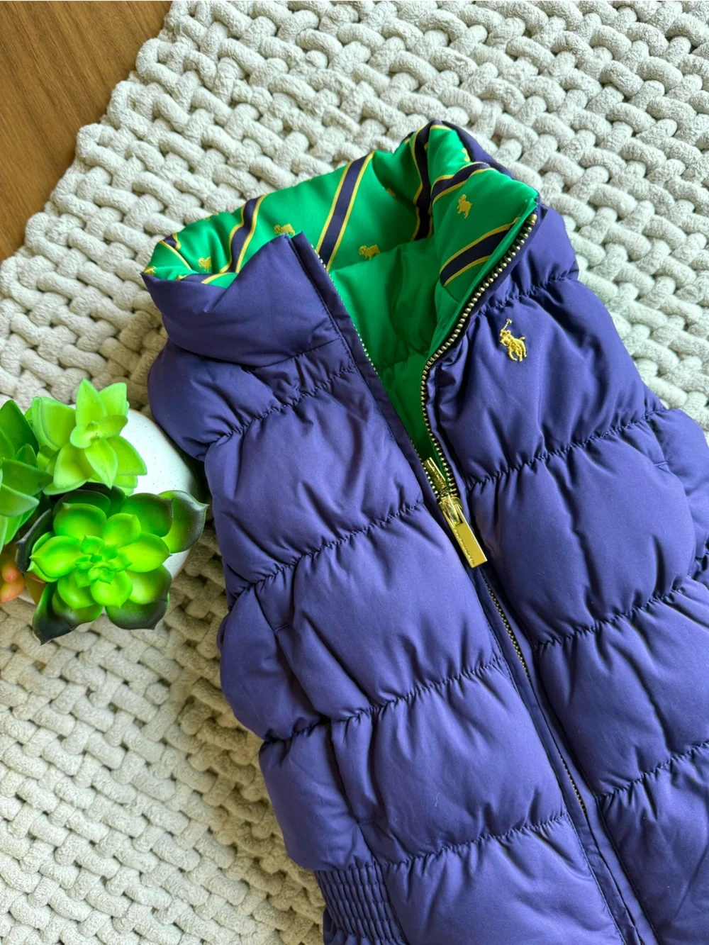 Ralph Lauren | Kids Pony Logo Down Reversible Puffer Vest Green and Purple | 4T